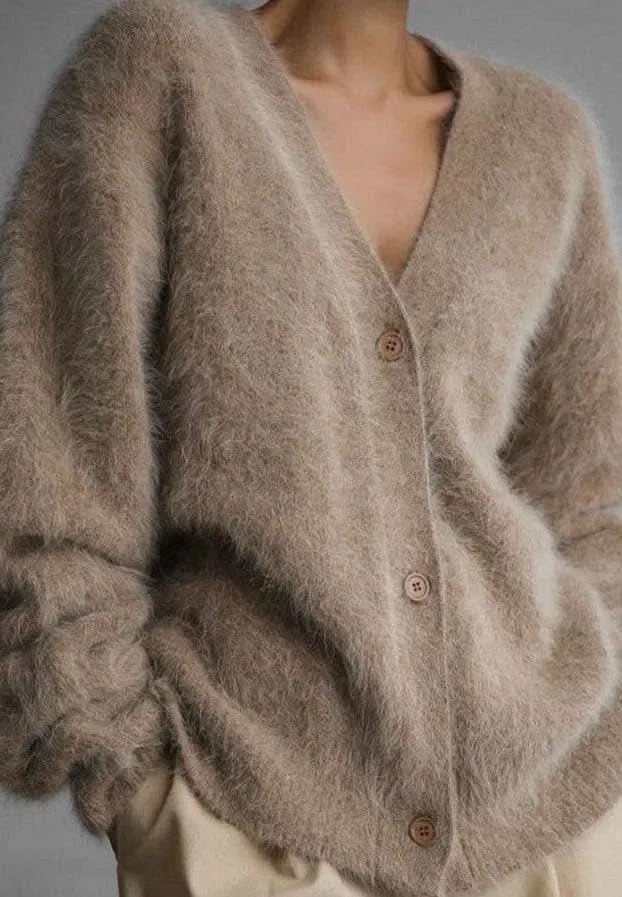 Beige Fuzzy Oversized Button Front Cardigan