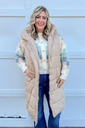 Beige Long Puffer Vest