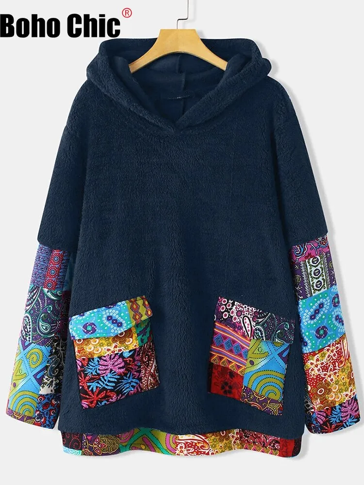 Boho Chic Hoodies for Women Oversized Top Sweatshirt Winter Warm Fleece Oodies Fuzzy Hooded Pullover Bohemian Hippie Jumper Coat