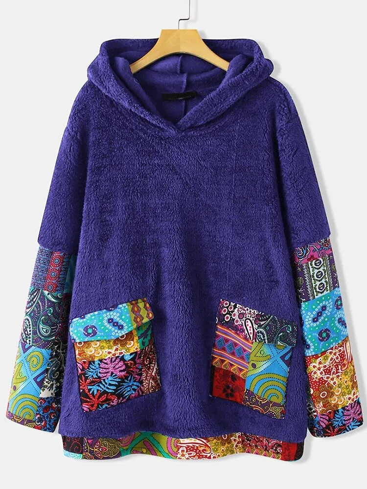 Boho Chic Hoodies for Women Oversized Top Sweatshirt Winter Warm Fleece Oodies Fuzzy Hooded Pullover Bohemian Hippie Jumper Coat