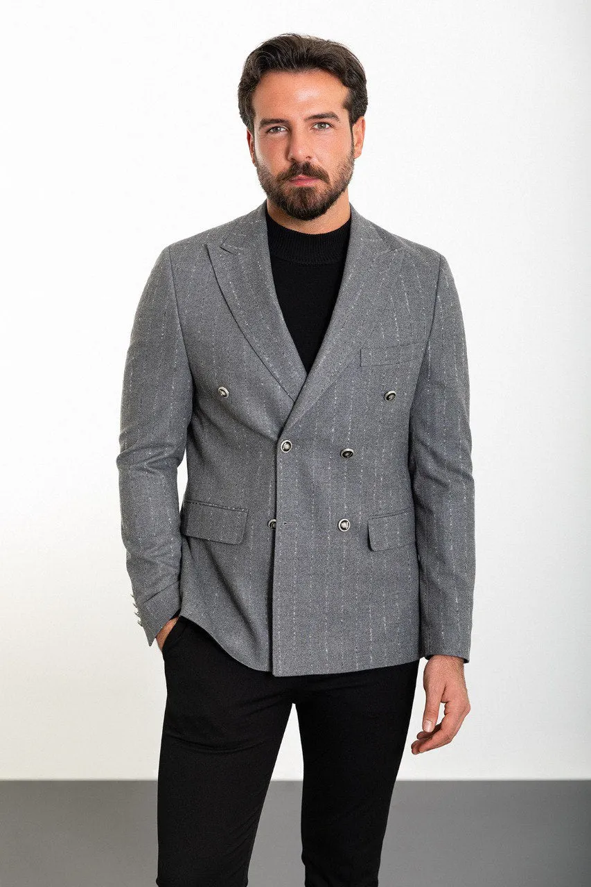 Bojoni Torretta Slim Fit Grey Double Breasted Striped Blazer