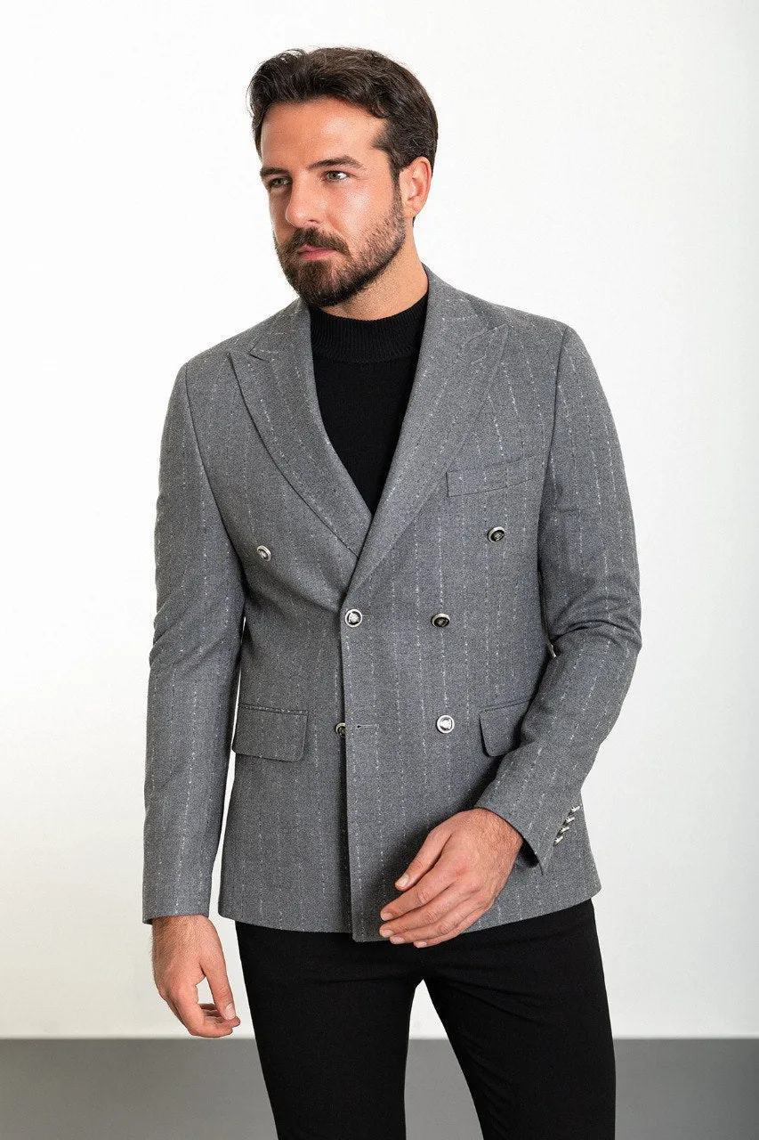 Bojoni Torretta Slim Fit Grey Double Breasted Striped Blazer