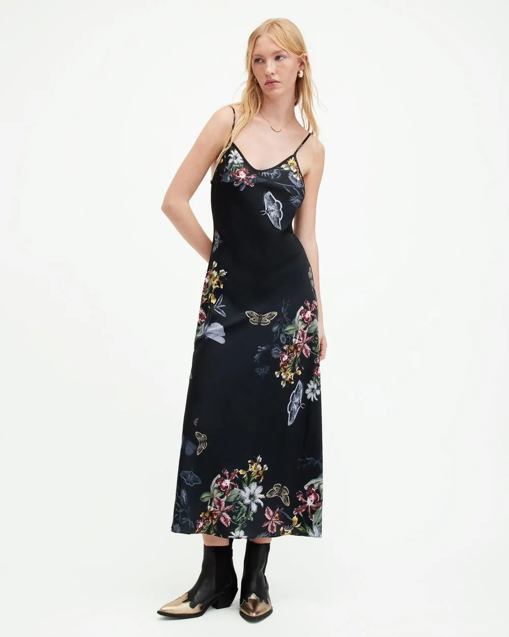 Bryony Sanibel AllSaints Print Midi Slip Dress, Black