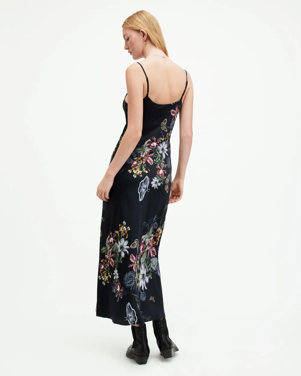 Bryony Sanibel AllSaints Print Midi Slip Dress, Black