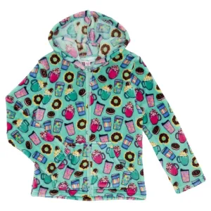 Candy Pink Girls Fleece Hot Chocolate Pattern Zip Up Hoodie