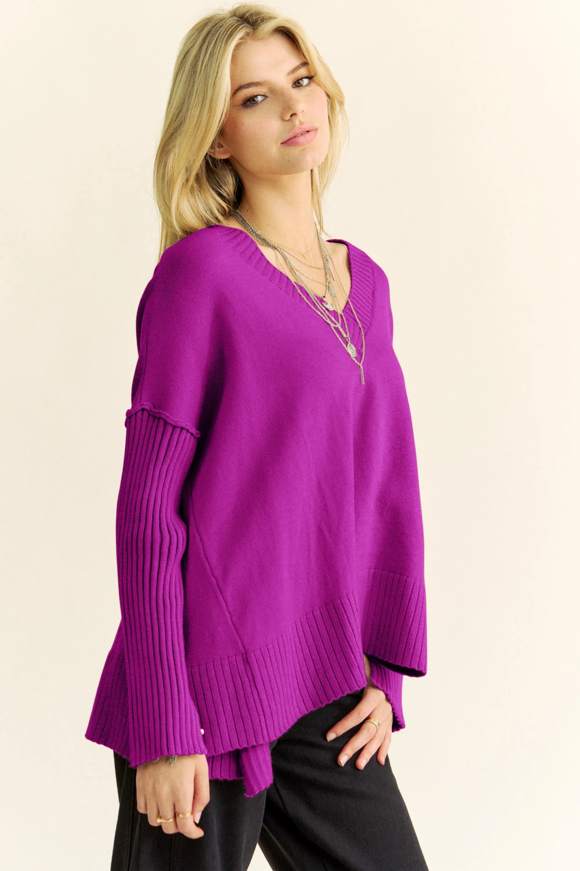 Davi & Dani OVERSIZED Solid Color Knit Sweater in Orchid