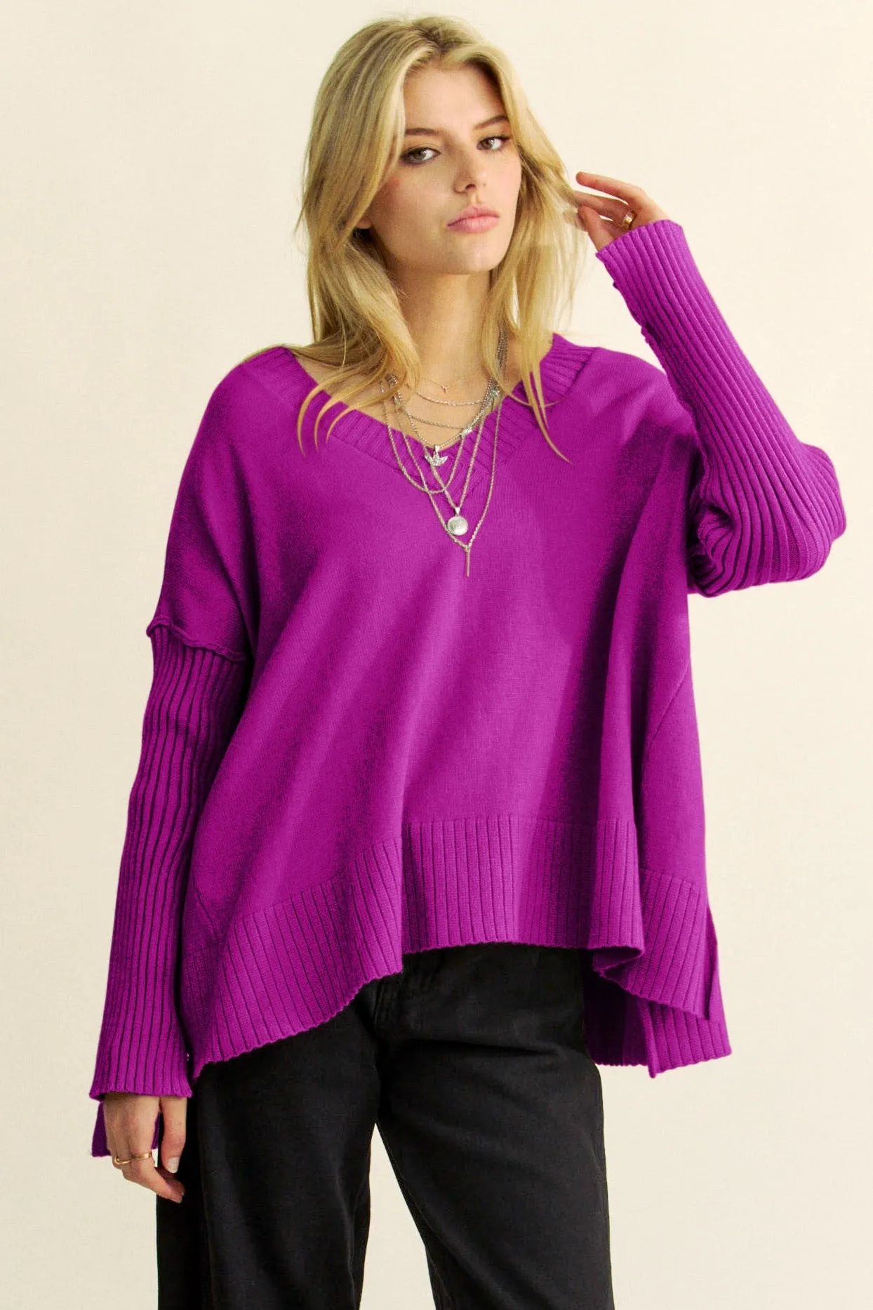 Davi & Dani OVERSIZED Solid Color Knit Sweater in Orchid