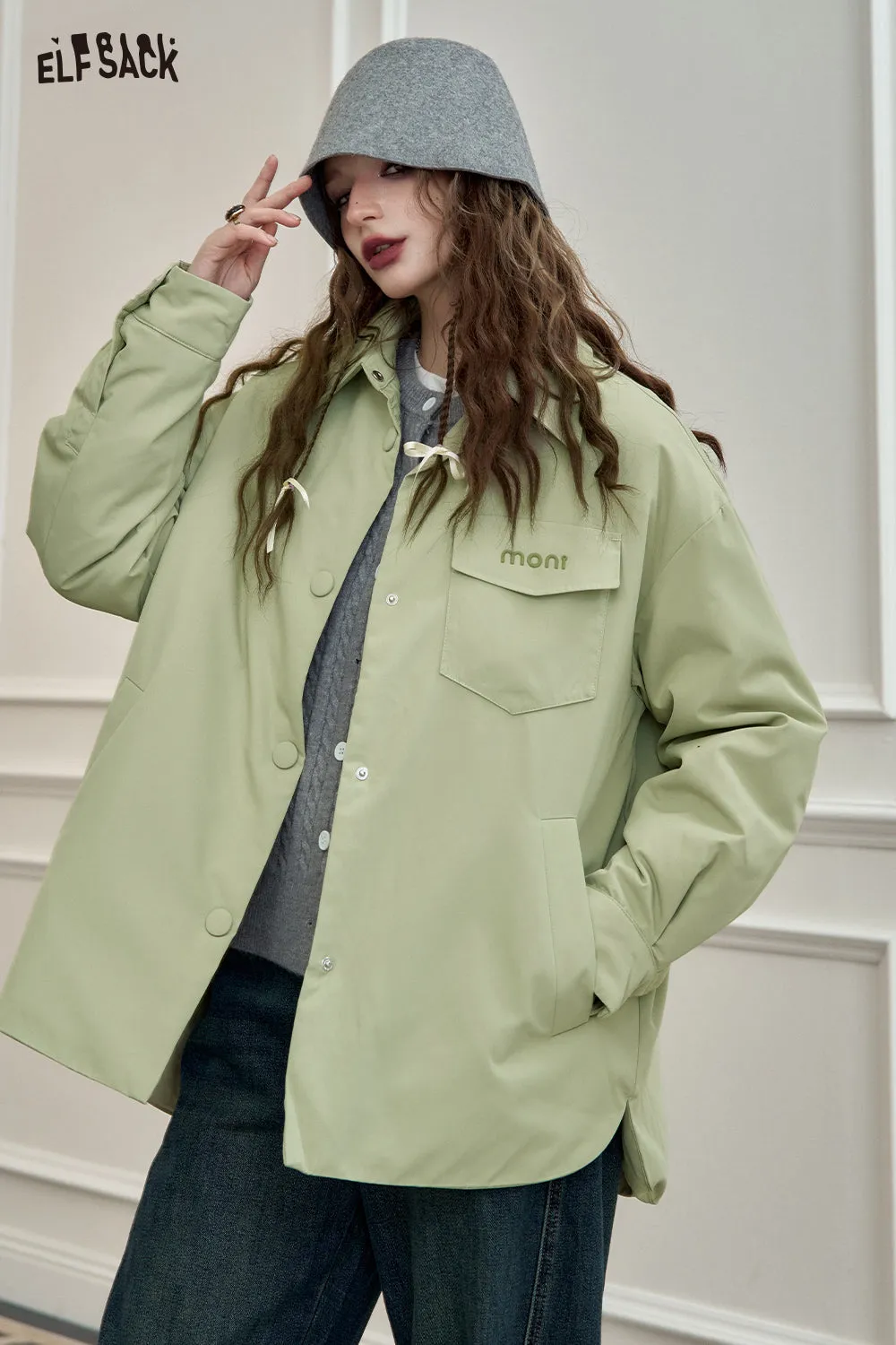 ELFSACK 2024 Autumn New Arrivals Lightweight Shirt-Style Down Jacket for Women White Duck Down Casual Coat with Stylish Design