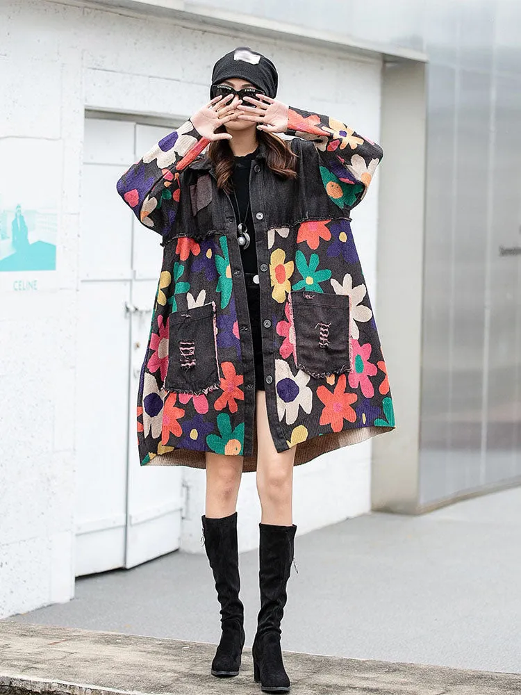 Floral Print Patchwork Spliced Denim Coat