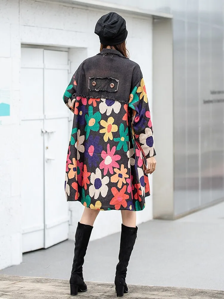 Floral Print Patchwork Spliced Denim Coat