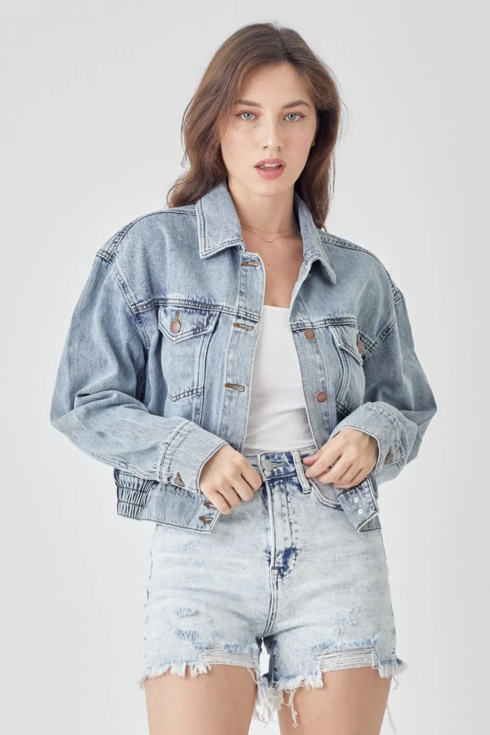 Full Size Button Down Cropped Denim Jacket