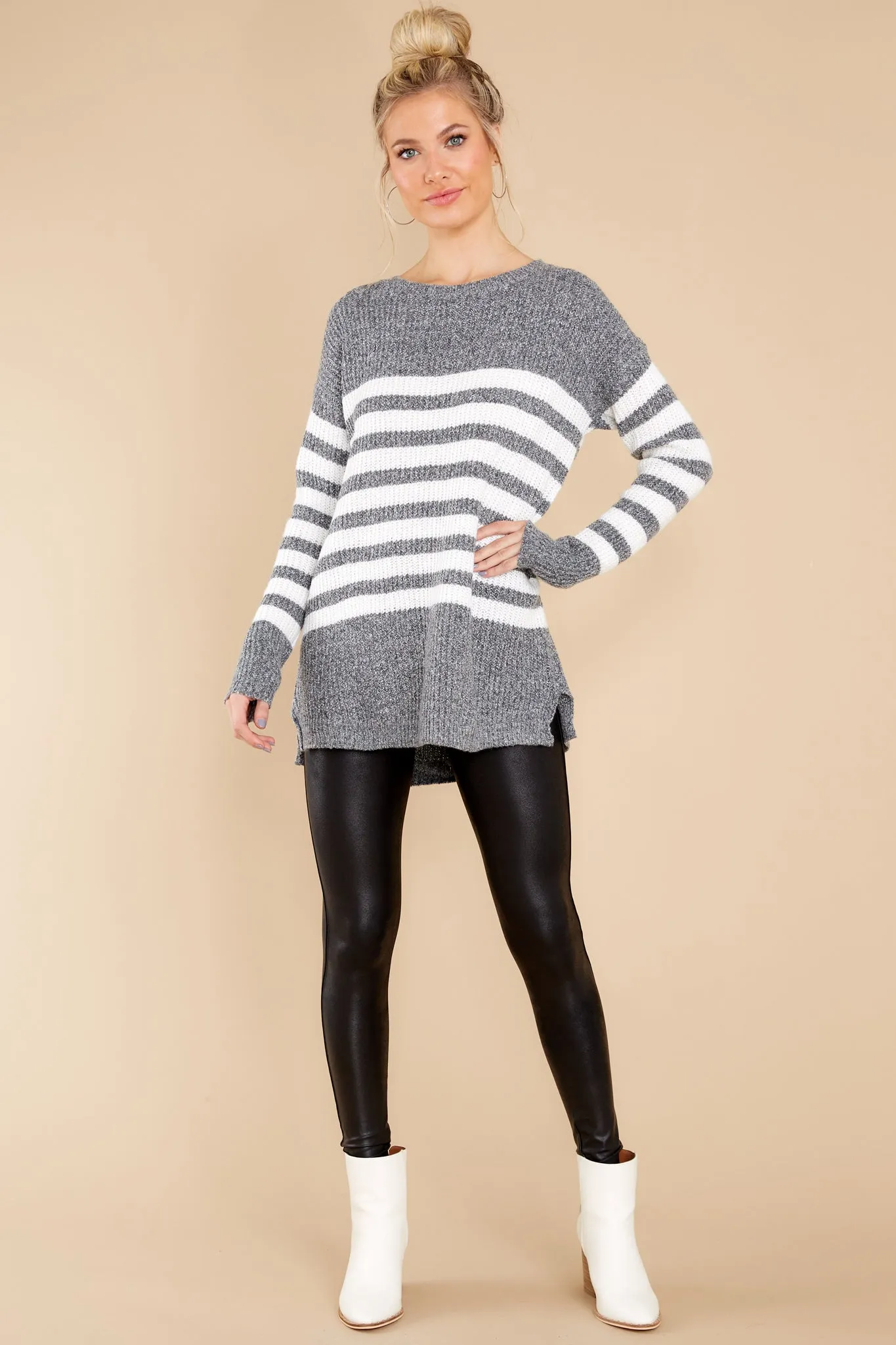 Getting Cozy Grey Stripe Sweater