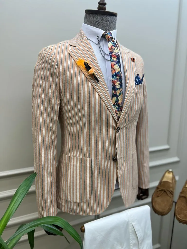 Giovanni Mannelli Slim Fit Striped Camel Blazer