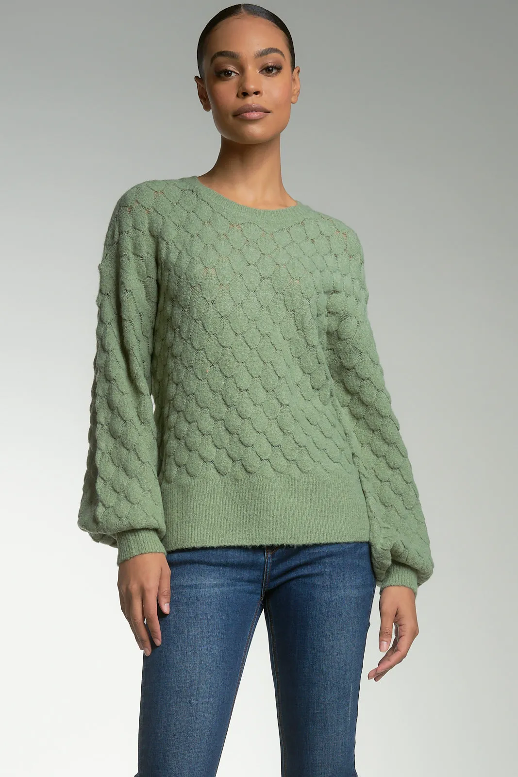 Green Leaf Crewneck Sweater with Bubble Texture