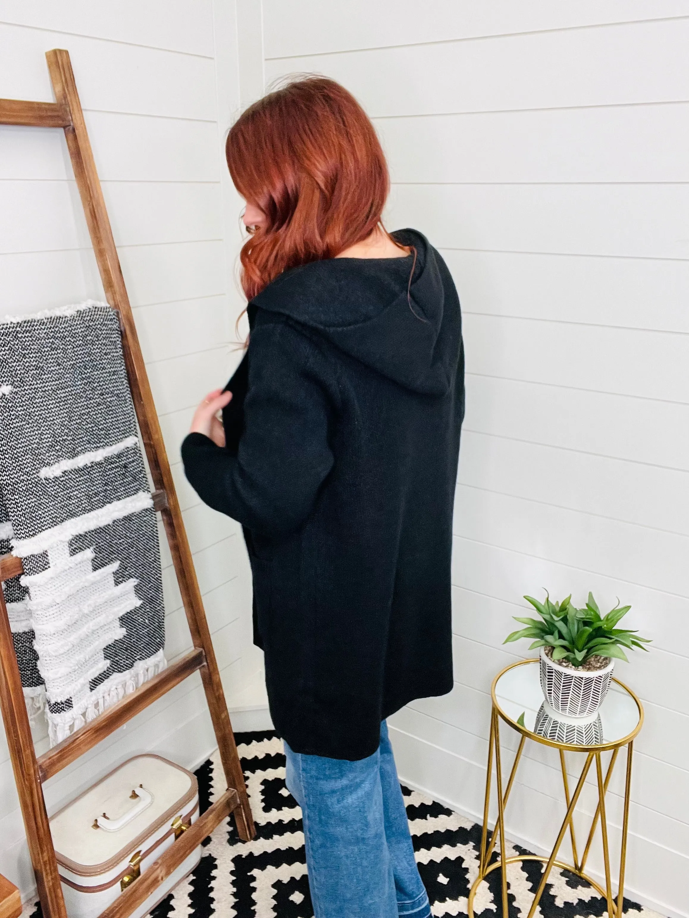 Hannah Hooded Sweater Cardigan: Black