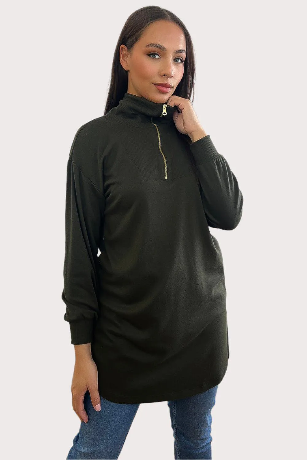 High Zipped Neck Longline Thin Pullover