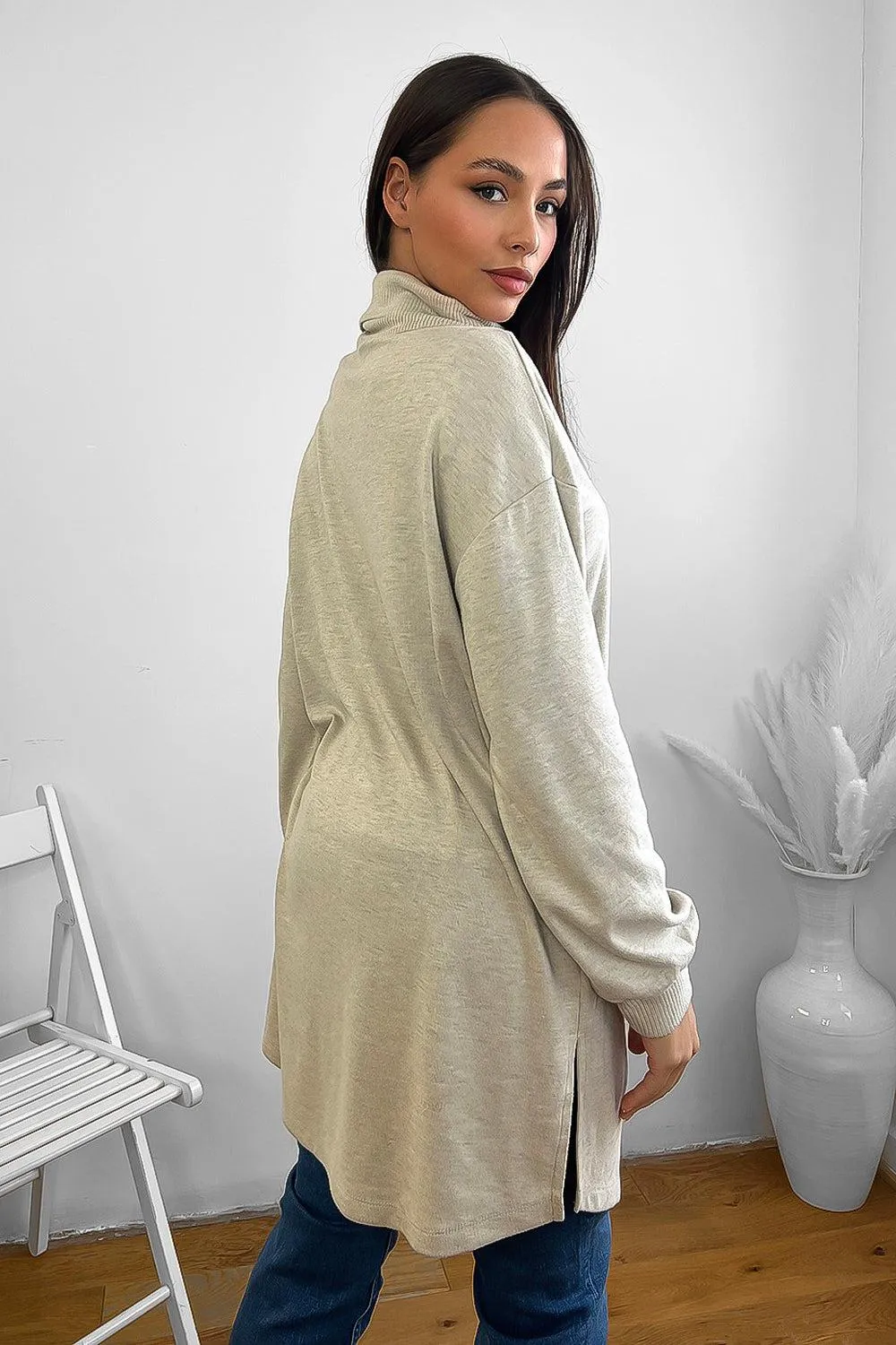 High Zipped Neck Longline Thin Pullover