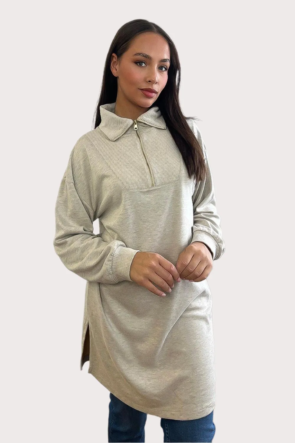 High Zipped Neck Longline Thin Pullover