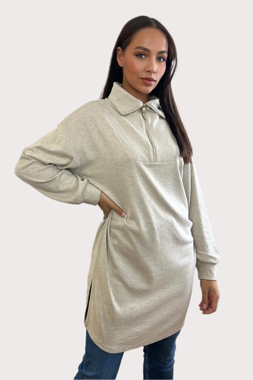 High Zipped Neck Longline Thin Pullover