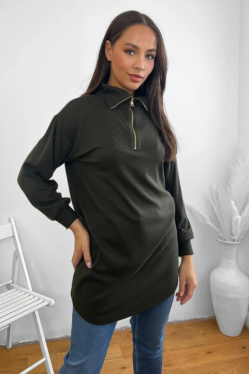 High Zipped Neck Longline Thin Pullover