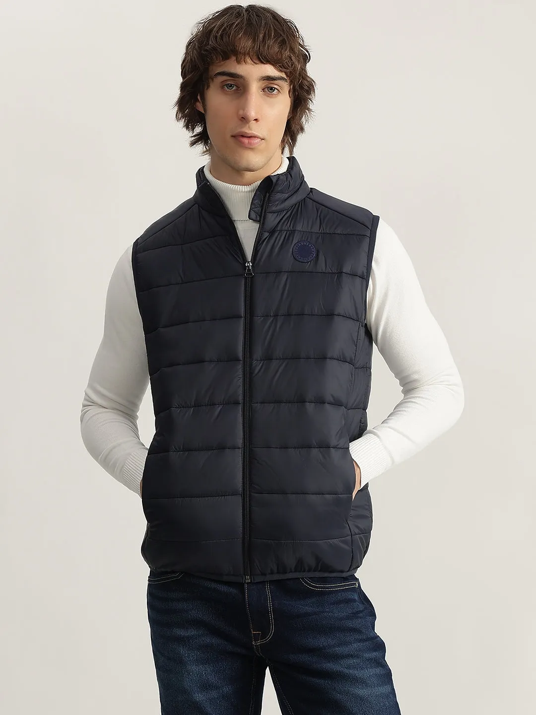 Lindbergh Men Navy Blue Solid Stand Collar Sleeveless Puffer Jacket