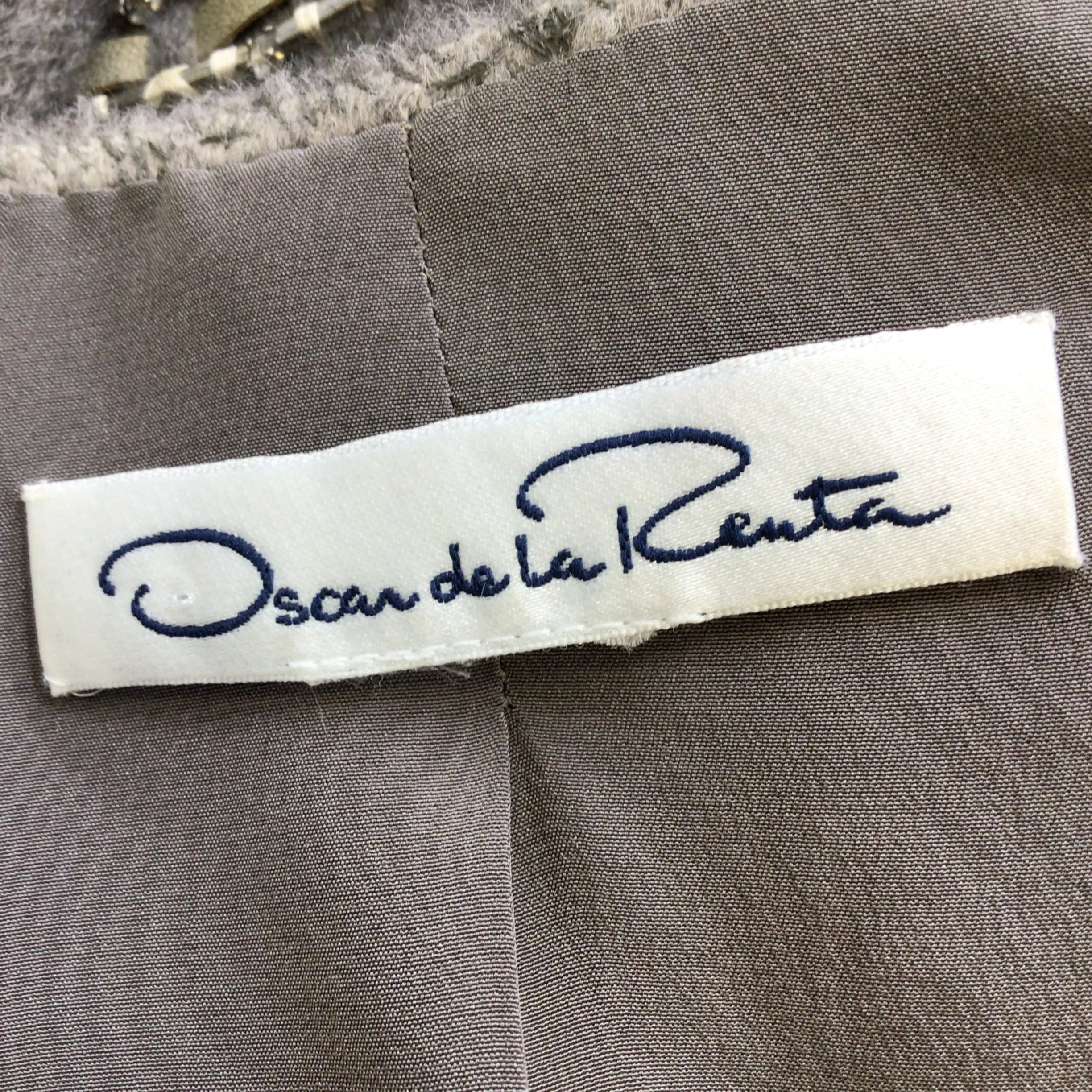 Oscar de la Renta Taupe Embellished Cropped Full Zip Camel Hair Jacket