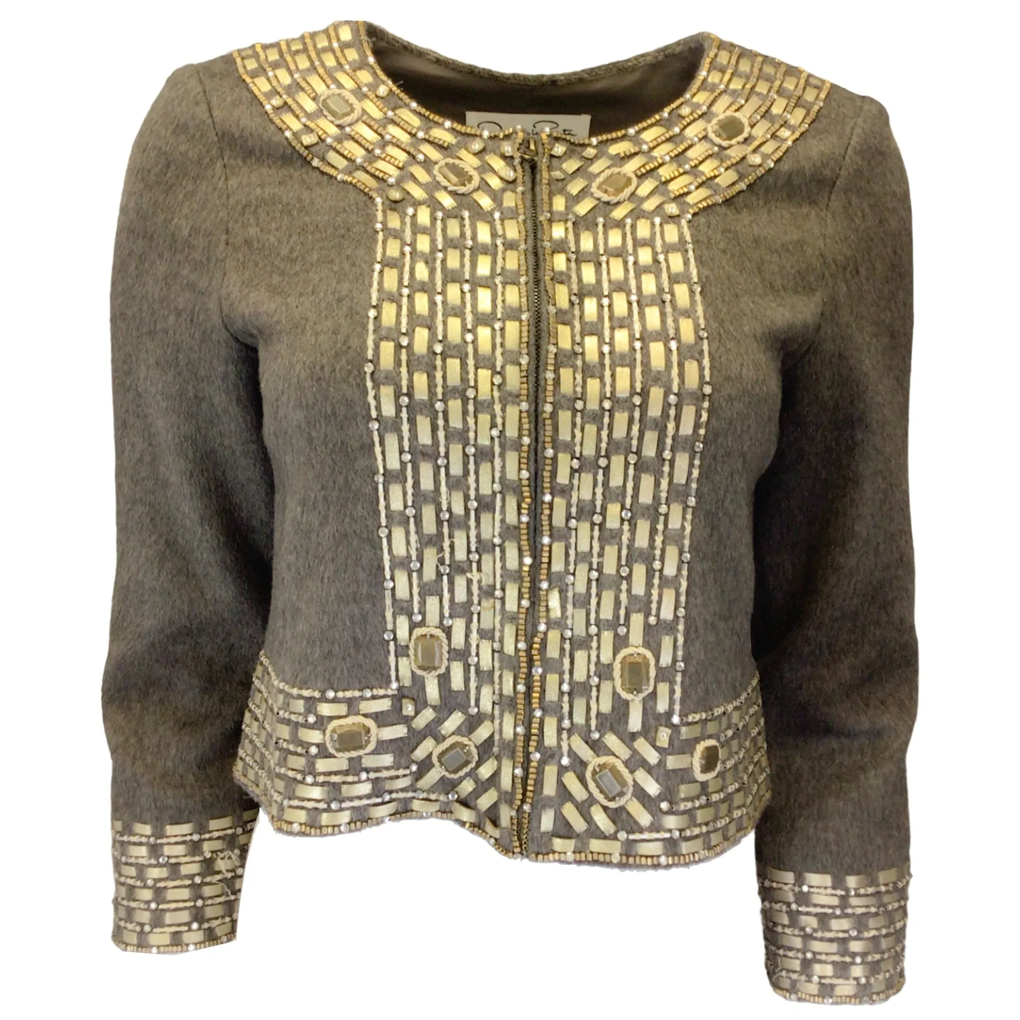 Oscar de la Renta Taupe Embellished Cropped Full Zip Camel Hair Jacket