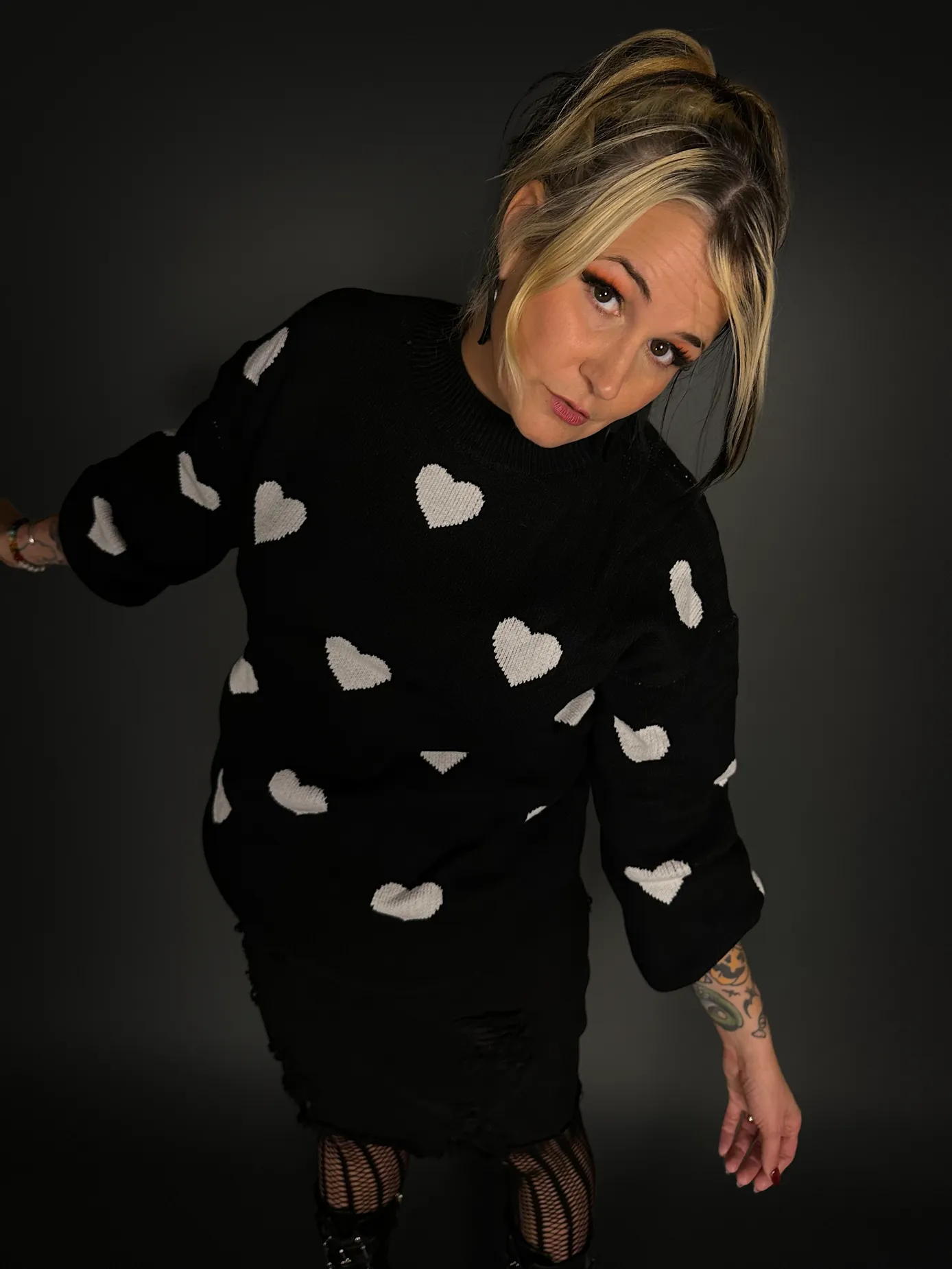 Oversized Black Crew Neck Sweater with White Hearts