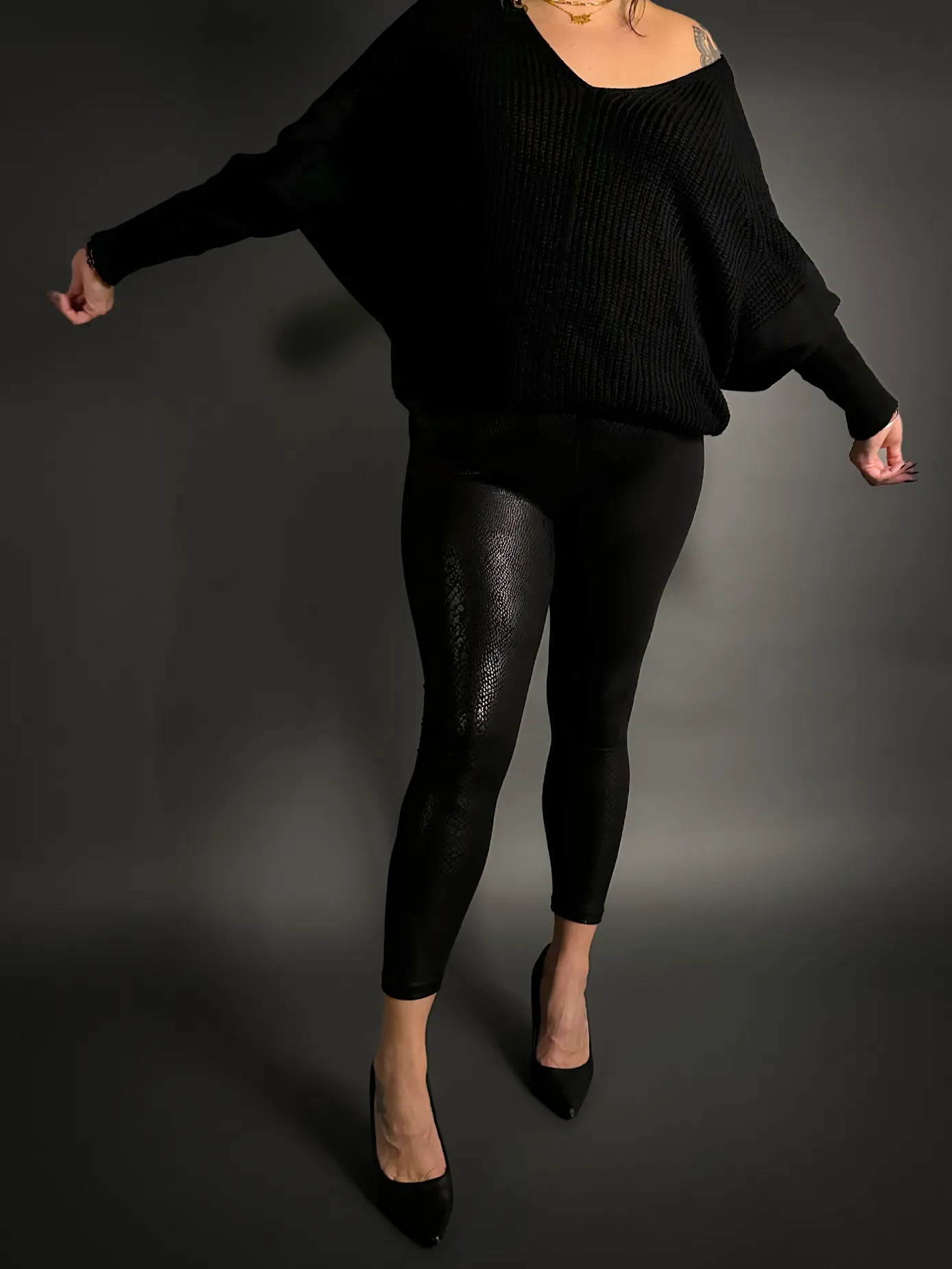 Oversized Dolman Batwing Sleeve Sweater with Drop V-Neck in Black