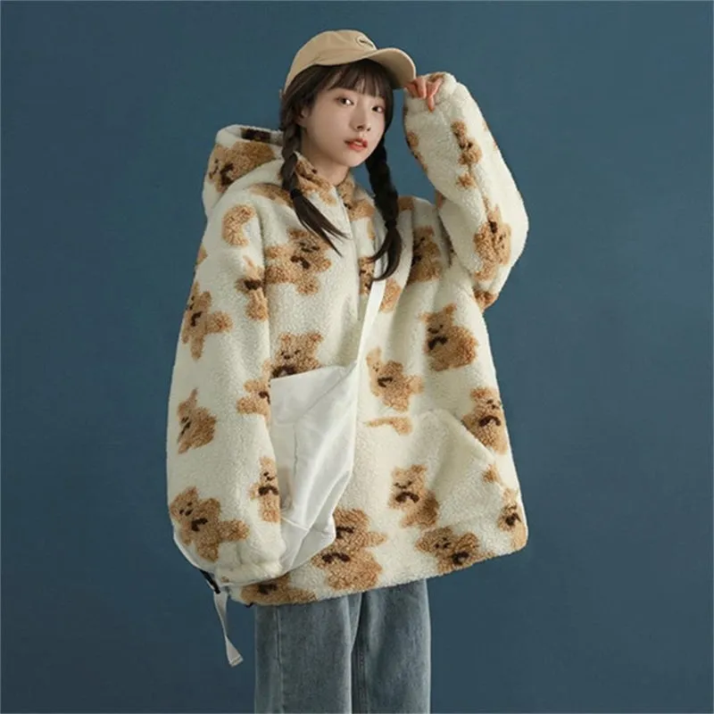 Oversized Hooded Bear Pattern Pullover Sweaters