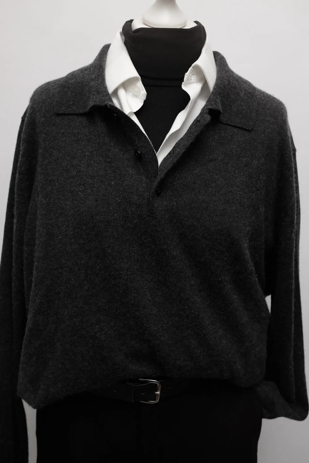 PURE CASHMERE SILK ANTHRACITE POLO KNIT