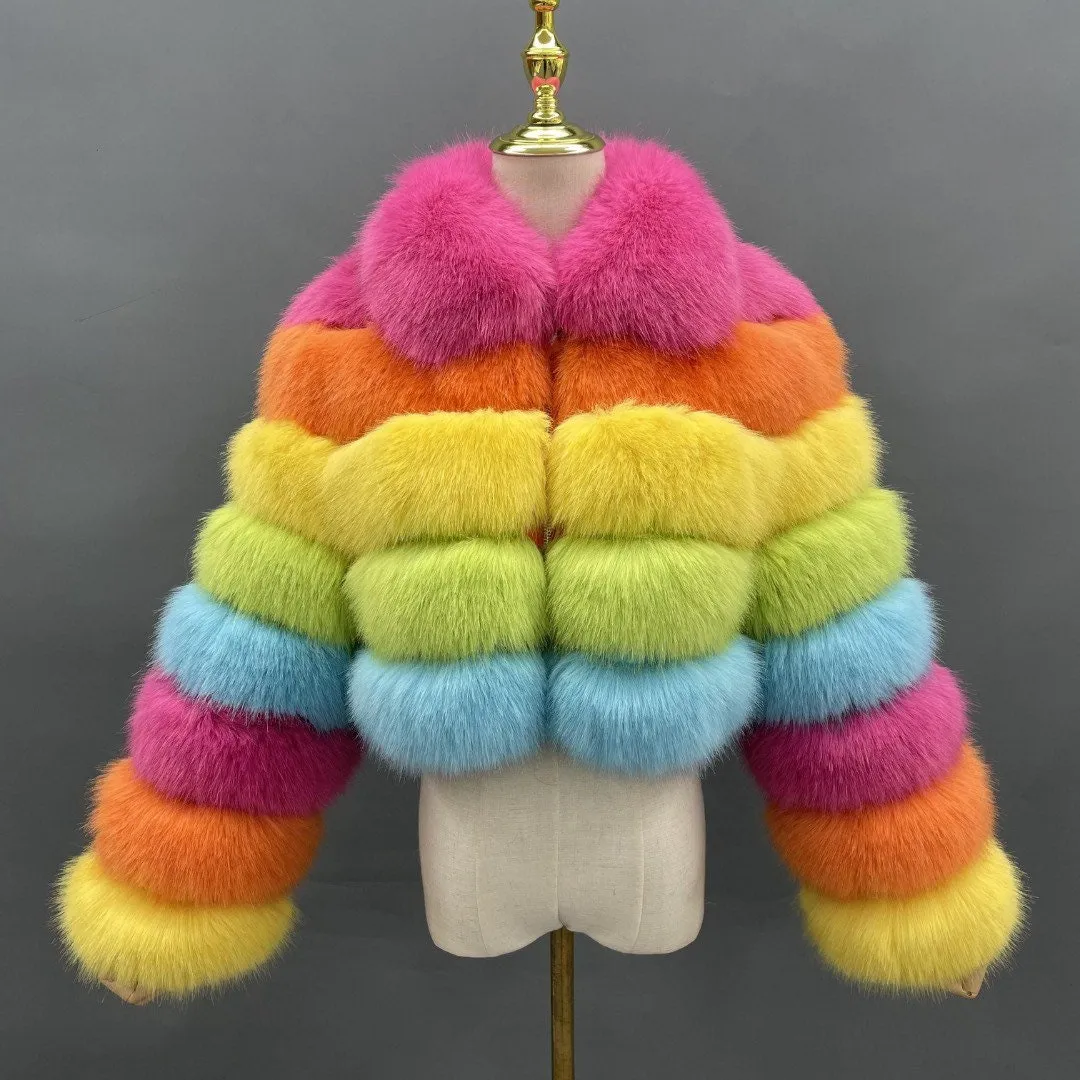 Rainbow Cropped Collar Faux Fur Jacket