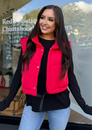 Red Half Crop Puffer Vest by Lili Sidonio