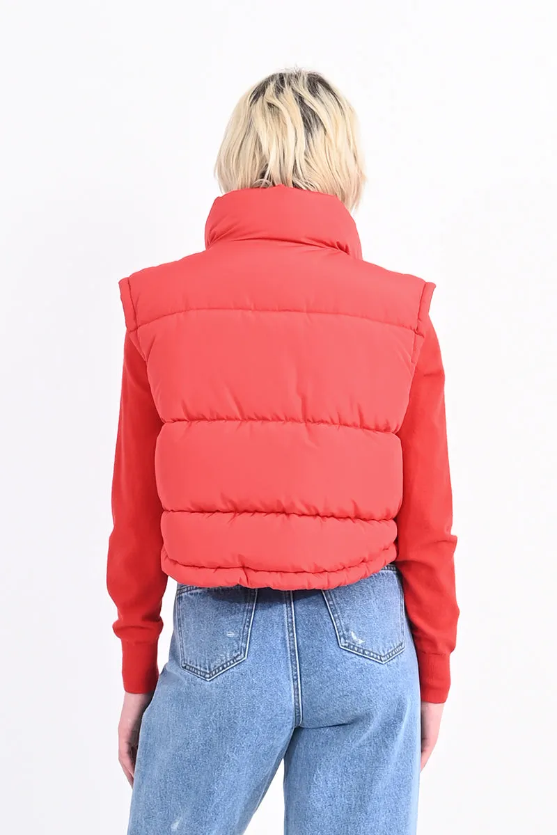 Red Half Crop Puffer Vest by Lili Sidonio