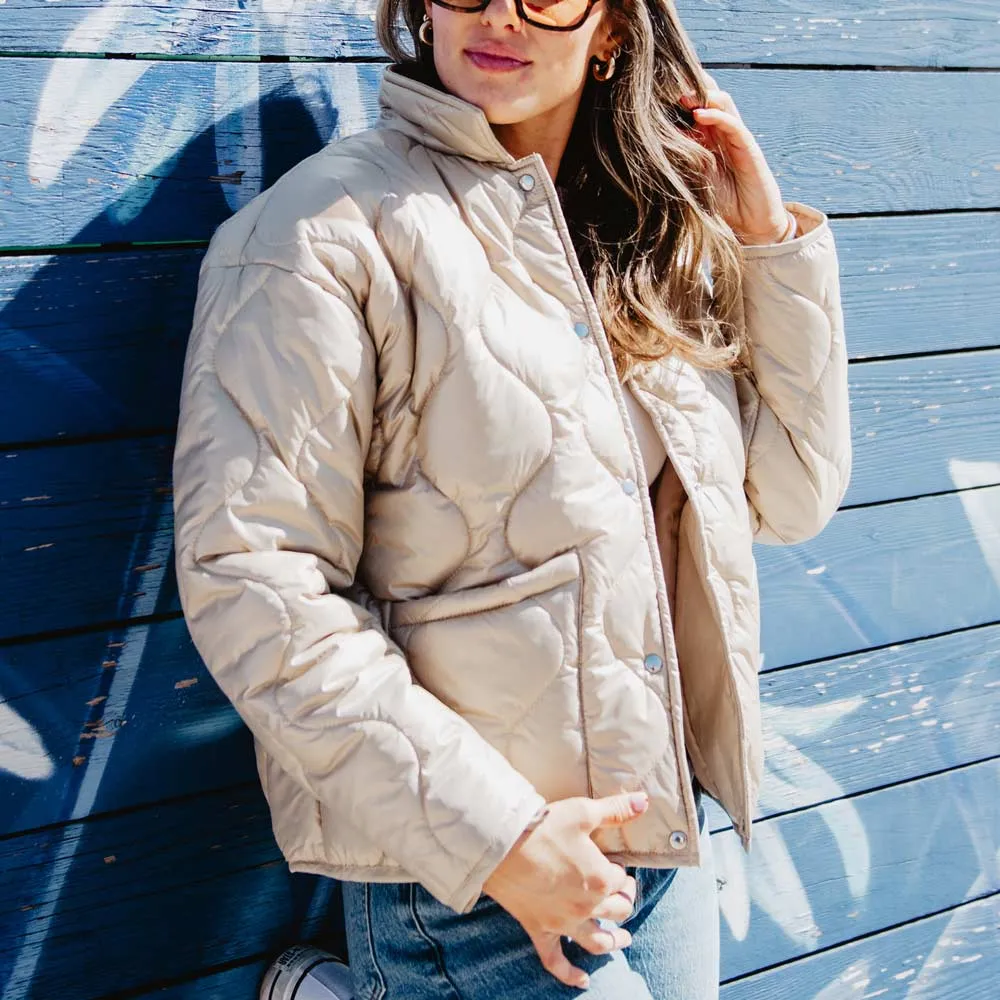 Soft Tan Wholesale Button Up Quilted PUFFER Jacket