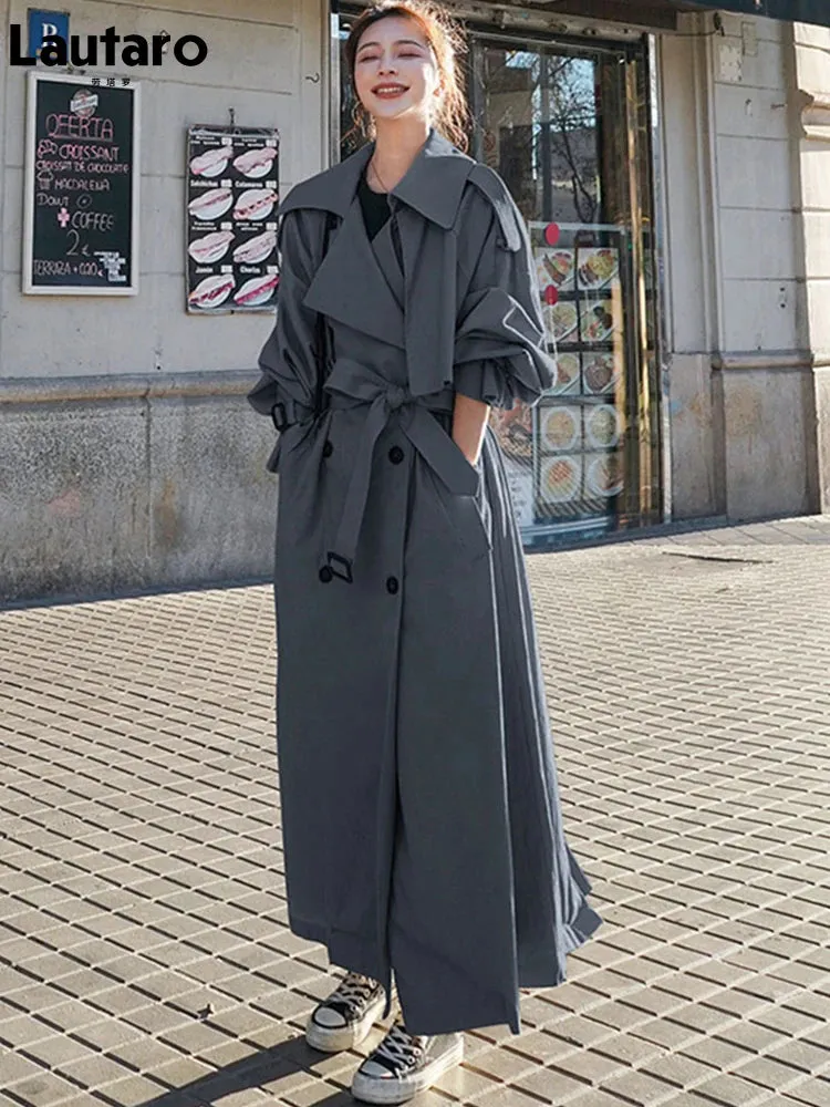 Spring Autumn Extra Long Flowy Oversized Casual Belt Double Breasted Loose Korean Fashion 2024 Stylish Coat