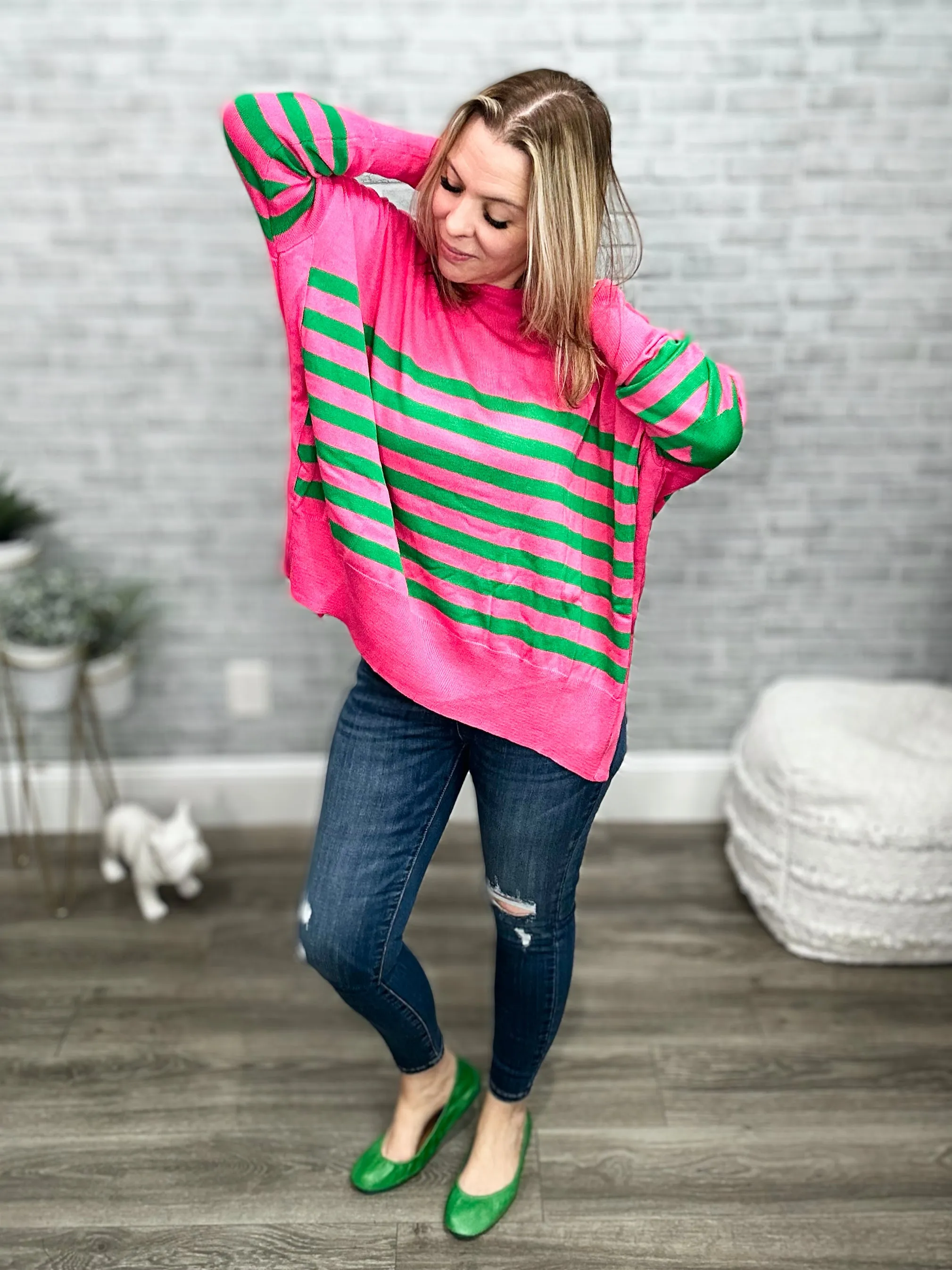 Striped Oversized Sweater with Elbow Patches