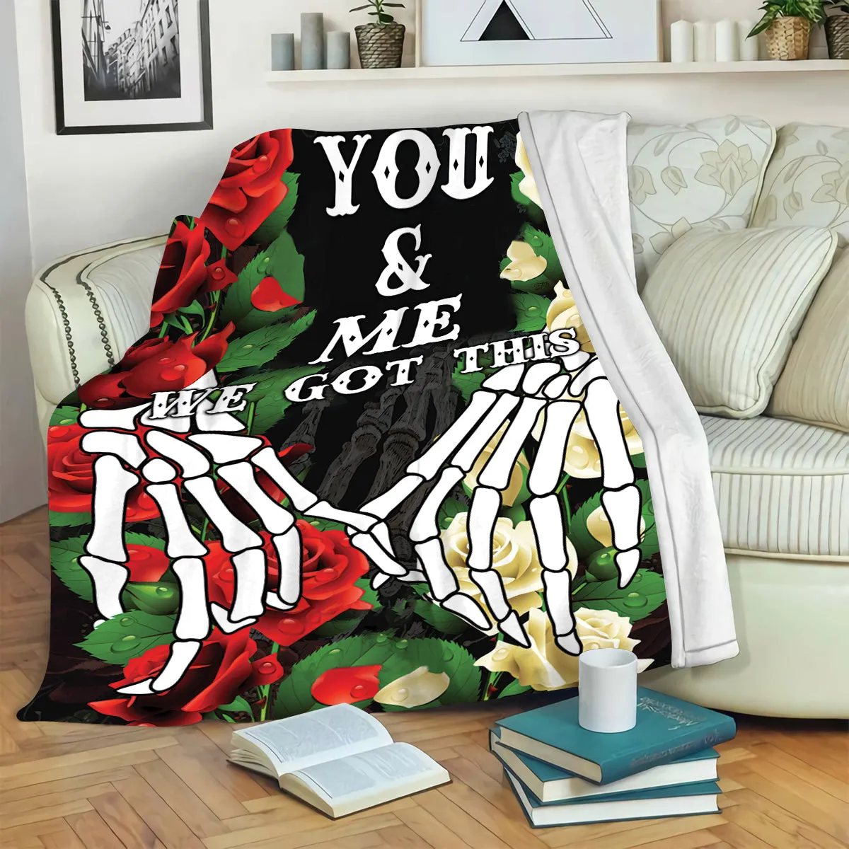 Teesdily | Skeleton Hand Rose Fleece Blanket Couple You And Me Got This Cozy Blanket Gothic Style Warm Blanket Halloween Gift For Lover