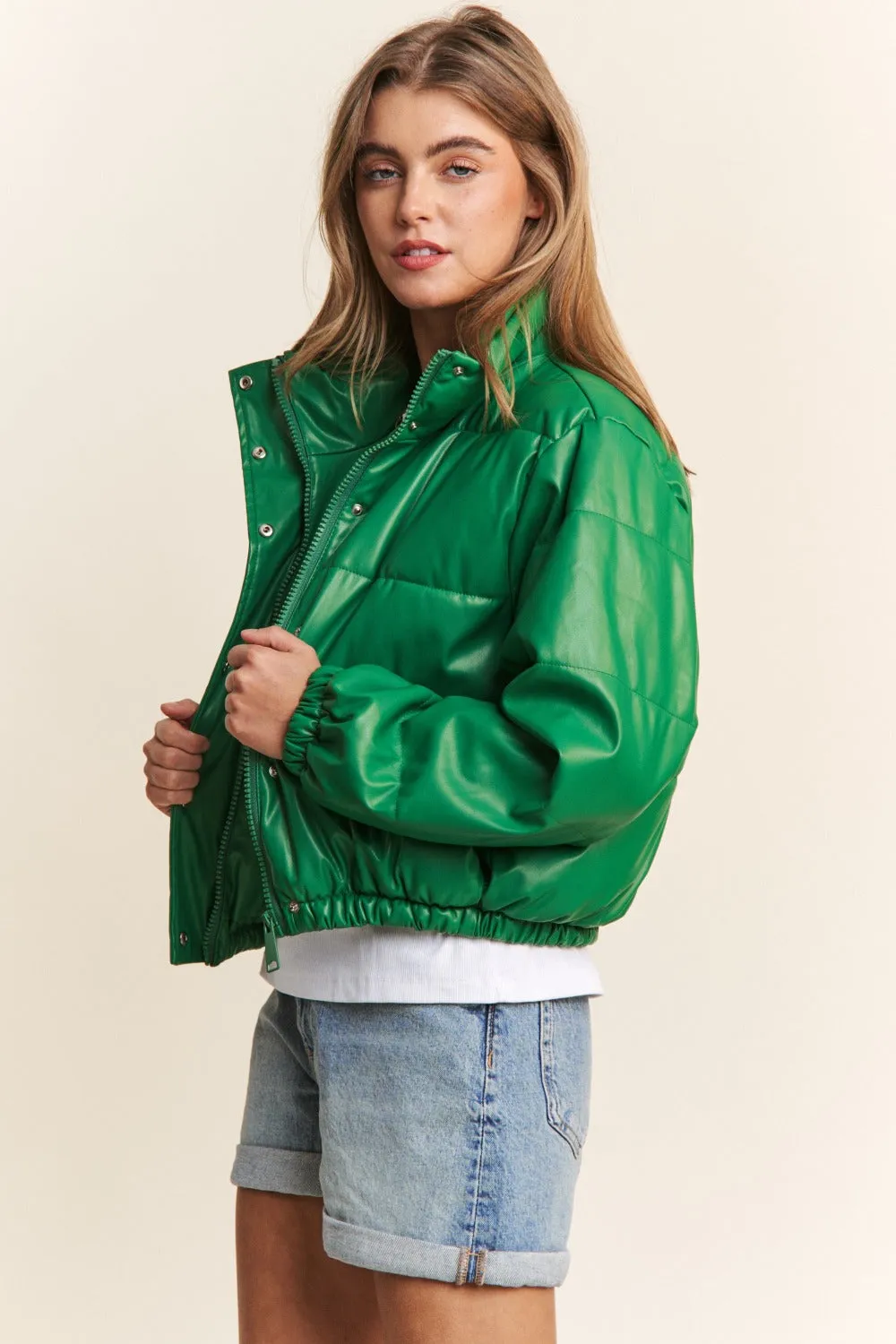 Turtleneck Snap and Zipper Closure Crop Puff Jacket