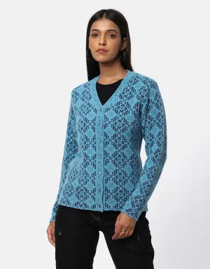 Women Woolen V-Neck Fancy Cardigan