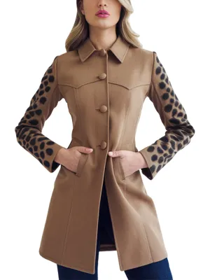 Women's Camel Coat With Leopard Print Sleeves