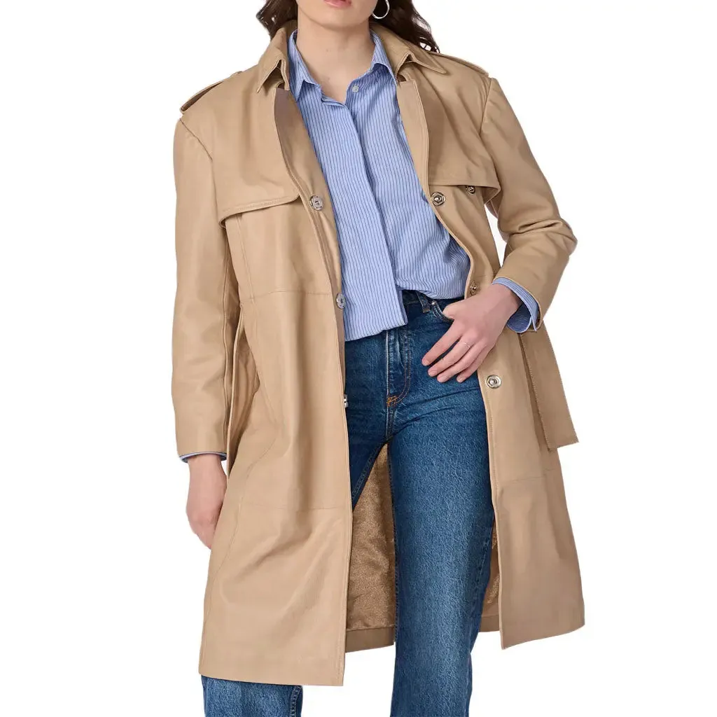 Women's Genuine Lambskin Beige Leather Trench Coat Ladies Winter