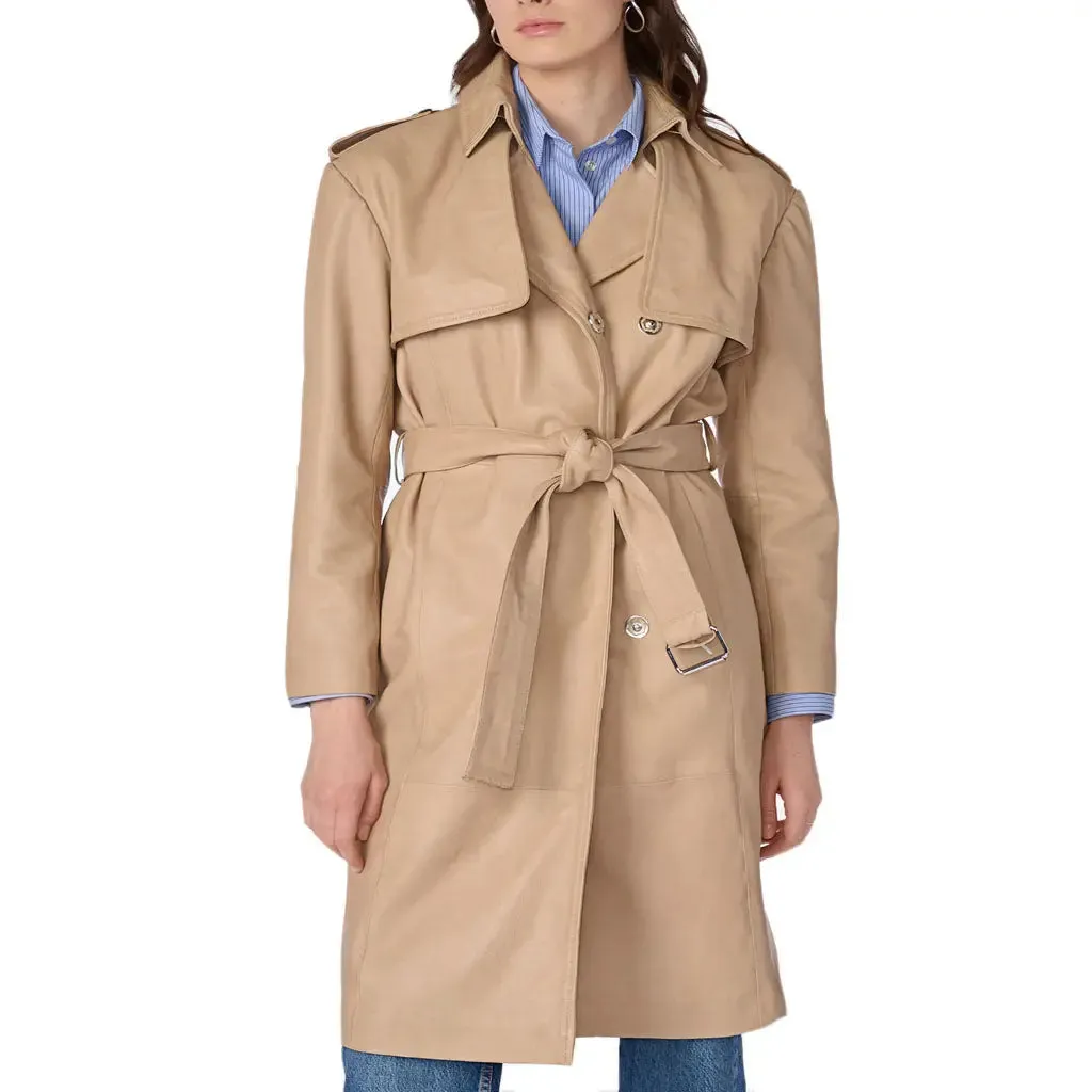 Women's Genuine Lambskin Beige Leather Trench Coat Ladies Winter